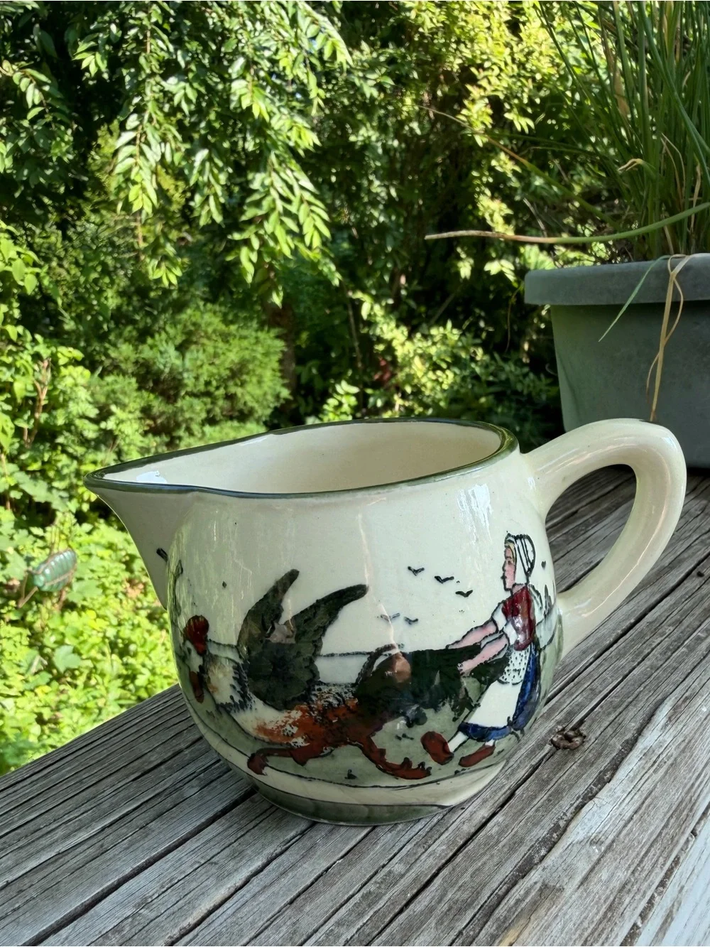 Made in Austria Creamer Woman Chasing Rooster 7258 Sage green And Cream